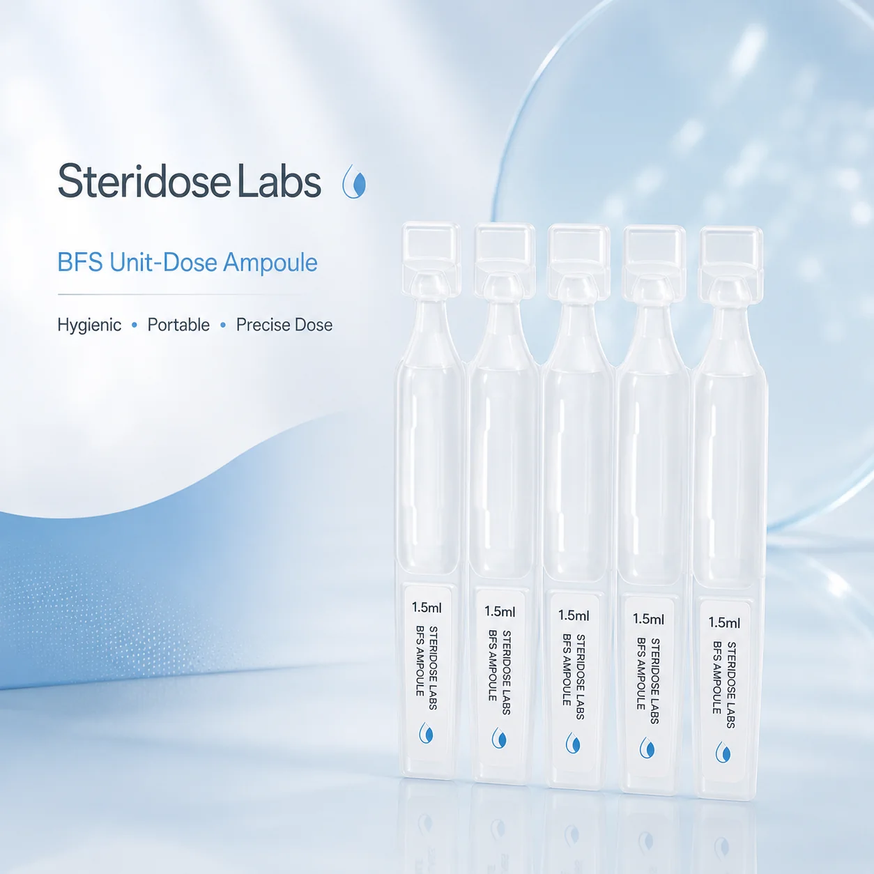 Close view of Steridose Labs BFS single-dose ampoules